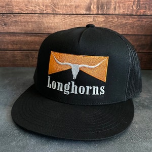Vintage Style Longhorns Texas Stitched Black Mesh Back Flatbill Trucker Hat Free Shipping
