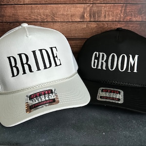 Vintage Style Braut und Bräutigam Mesh Zurück Trucker Seil Hüte Braut Geschenk, Flitterwochen Geschenk, Bachelorette Party Geschenk, Trauzeugen Geschenk, Junggeselle