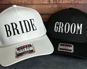 Vintage Style Bride and Groom Mesh Back Trucker Rope Hats Bridal Gift, Honeymoon Gift, Bachelorette Party Gift, Groomsmen Gift, Bachelor
