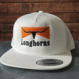 Vintage Style Longhorns Texas Stitched White Mesh Back Flatbill Trucker Hat Free Shipping
