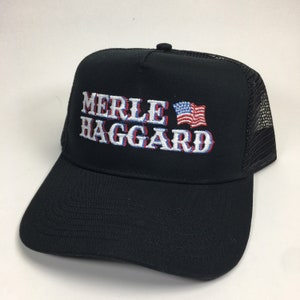 Vintage Style Merle Haggard Stitched Black Mesh Trucker Hat Free Shipping