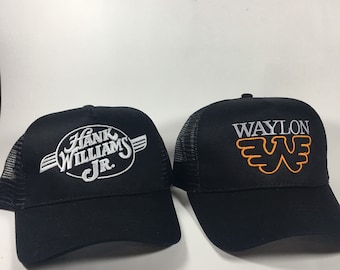 Lot of Two Vintage Style Hank Williams Jr. & Waylon Stitched Black Mesh Trucker Hats Free Shipping
