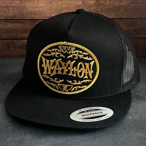 Vintage Style Waylon Patch Black Mesh Flatbill Trucker Hat Free Shipping