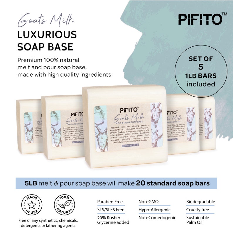 May include: Five 1-pound bars of goat's milk melt and pour soap base. The soap base is made with natural ingredients and is paraben-free, SLS/SLES-free, non-GMO, hypo-allergenic, non-comedogenic, biodegradable, cruelty-free, and contains 20% kosher glycerine. The soap base is packaged in a white box with a goat illustration and the text "PIFITO Goat's Milk Melt & Pour Soap Base".