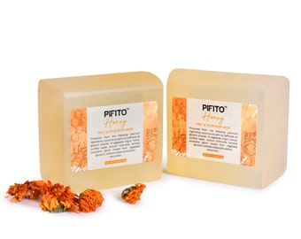 May include: Two clear, rectangular bars of melt and pour soap base with a honey scent. The bars are labeled "PIFITO™ Honey Melt & Pour Soap Base".