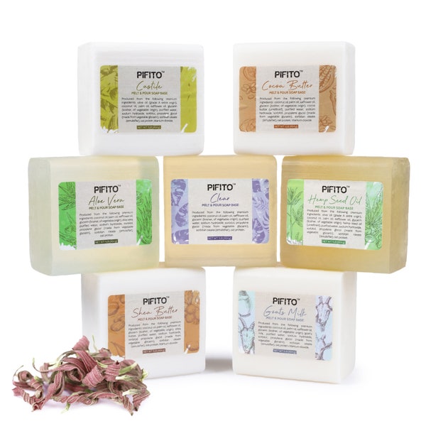 Pifito Melt and Pour Soap Base Sampler (7 lbs) - Hemp Seed Oil, Clear, Aloe Vera, Goats Milk, Cocoa Butter, Shea Butter, Castile Soap Making