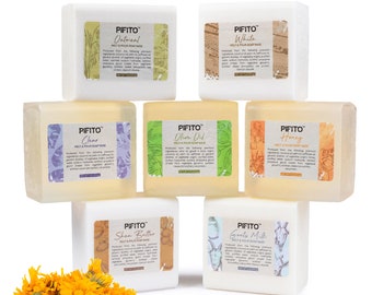 May include: A set of ten melt and pour soap bases in various colors and scents, including oatmeal, white, clear, olive oil, honey, shea butter, and goat's milk. Each bar features a unique design and text label with the brand name "PIFITO".