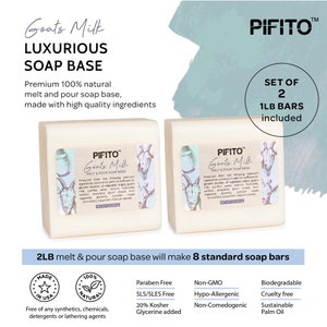 May include: Two white bars of goat's milk melt and pour soap base, labeled "PIFITO Goat's Milk Melt & Pour Soap Base". The soap base is made with natural ingredients and is free of synthetics, chemicals, detergents, or lathering agents. The product is also paraben-free, SLS/SLES-free, non-GMO, hypo-allergenic, non-comedogenic, biodegradable, cruelty-free, and made with sustainable palm oil. The product is available in a set of two 1 lb bars.