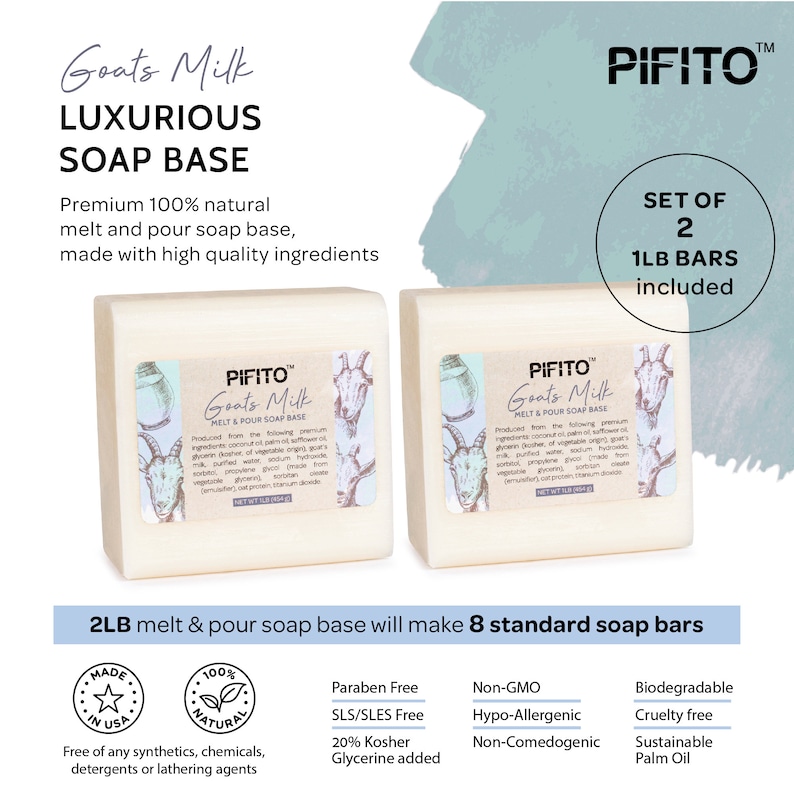 May include: Two white bars of goat's milk melt and pour soap base, labeled "PIFITO Goat's Milk Melt & Pour Soap Base". The soap base is made with natural ingredients and is free of synthetics, chemicals, detergents, or lathering agents. The product is also paraben-free, SLS/SLES-free, non-GMO, hypo-allergenic, non-comedogenic, biodegradable, cruelty-free, and made with sustainable palm oil. The product is available in a set of two 1 lb bars.