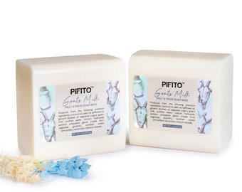 May include: Two white bars of goat's milk melt and pour soap base. The soap base is labeled "PIFITO™ Goat's Milk Melt & Pour Soap Base".
