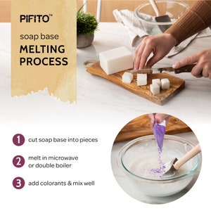 May include: Image showing the soap base melting process. A white soap base is cut into pieces on a wooden cutting board. The steps include melting the soap base and adding colorants. The text on the image says "PIFITO soap base MELTING PROCESS."