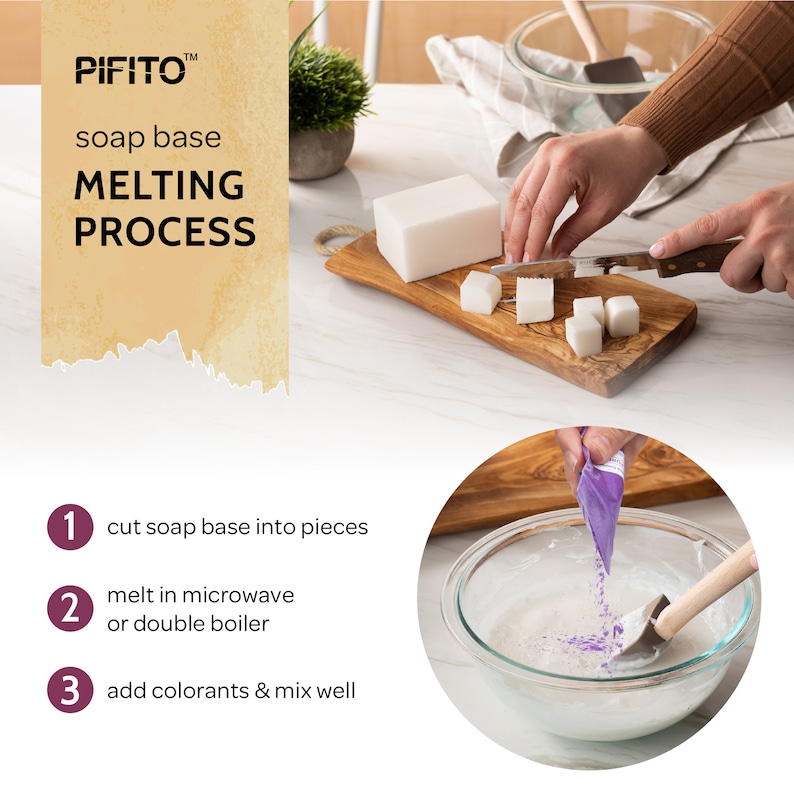 May include: Image showing the soap base melting process. A white soap base is cut into pieces on a wooden cutting board. The steps include melting the soap base and adding colorants. The text on the image says "PIFITO soap base MELTING PROCESS."
