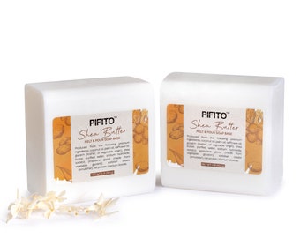 May include: Two white bars of melt and pour soap base with the text "PIFITO™ Shea Butter Melt & Pour Soap Base" printed on the front. The soap base is made with ingredients like coconut oil, palm oil, safflower oil, shea butter, purified water, sodium hydroxide, propylene glycol, sorbitan oleate, vegetable glycerin, oat protein, titanium dioxide.
