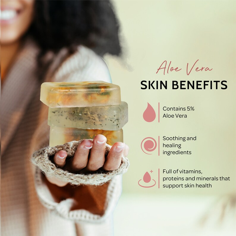 May include: Three clear soap bars with dried flowers and seeds inside. The soap bars are stacked on top of each other and are being held in a person's hand. The text "Aloe Vera SKIN BENEFITS" is written in pink letters on a light green background. The text "Contains 5% Aloe Vera", "Soothing and healing ingredients", and "Full of vitamins, proteins and minerals that support skin health" is written in black letters on a white background.