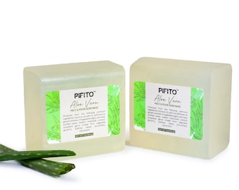 May include: Two clear rectangular bars of melt and pour soap base with a green aloe vera design and the text "PIFITO™ Aloe Vera MELT & POUR SOAP BASE" on the label.  The soap base is made with premium ingredients, including coconut oil, palm oil, and aloe vera.