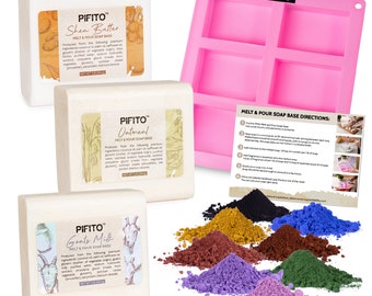 Pifito #1 DIY Soap Making Kit Supplies - 3 lbs Melt & Pour Soap Base (Shea Butter, Goats Milk, Oatmeal), Colorants, Mold and Instructions