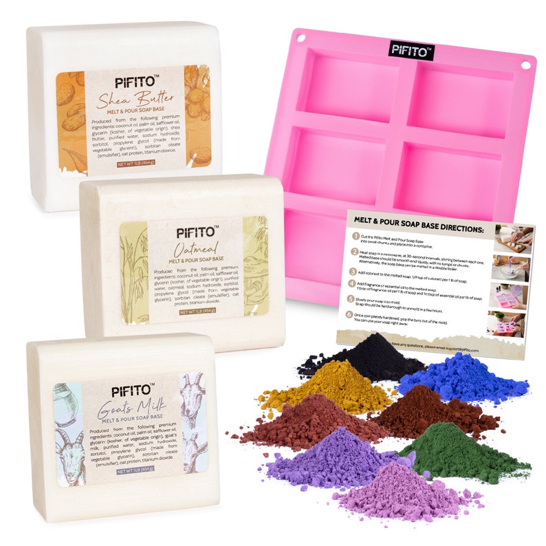 May include: A collection of soap-making supplies, including three white soap bases labeled "Shea Butter", "Oatmeal", and "Goat's Milk". A pink silicone mold, instructions, and colorful soap dye powders are also shown.