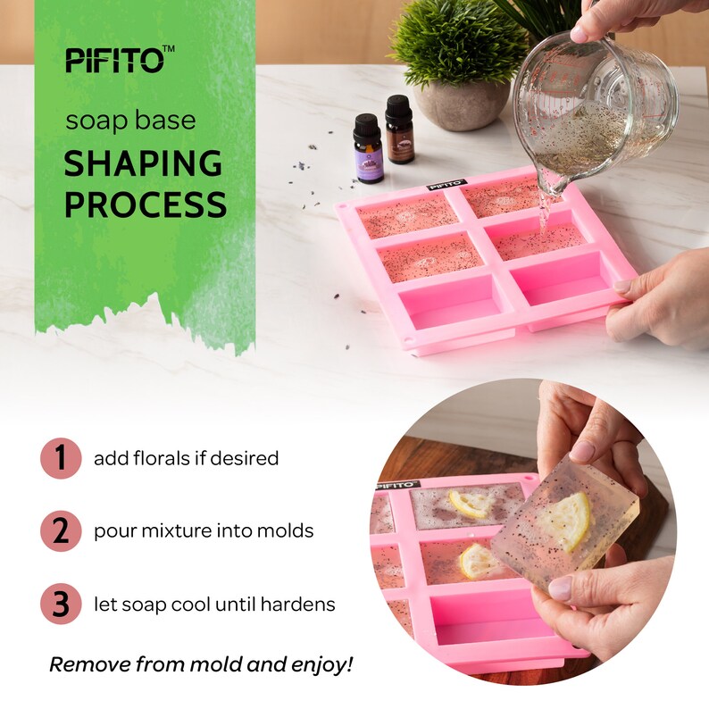 May include: A pink silicone mold with six rectangular cavities, filled with a clear soap mixture. The mold is labeled "PIFITO" and is on a white surface. The image shows the steps for making soap, including adding florals, pouring the mixture into the mold, and letting it cool until it hardens. The text "SHAPING PROCESS" is visible in the image.