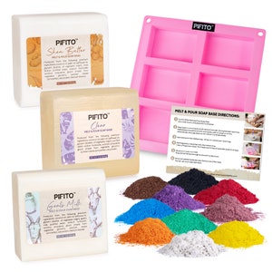 Pifito #5 Soap Making Kit Supplies - 3 lbs Melt & Pour Soap Base (Goats Milk, Shea Butter, Clear), Mica Colorants, Mold and Instructions