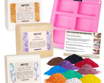 Pifito #5 Soap Making Kit Supplies - 3 lbs Melt & Pour Soap Base (Goats Milk, Shea Butter, Clear), Mica Colorants, Mold and Instructions