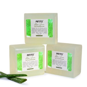 May include: Three bars of clear, translucent soap base with green aloe vera leaf illustrations and the text "PIFITO&trade; Aloe Vera MELT & POUR SOAP BASE" on each bar. The soap base is packaged in a clear plastic wrap.