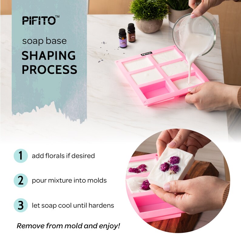 May include: A pink silicone mold with six rectangular cavities, used for making soap. The mold is filled with white soap batter and a hand is pouring more batter into the mold. The image also shows a finished soap bar with dried flowers on top, being removed from the mold.