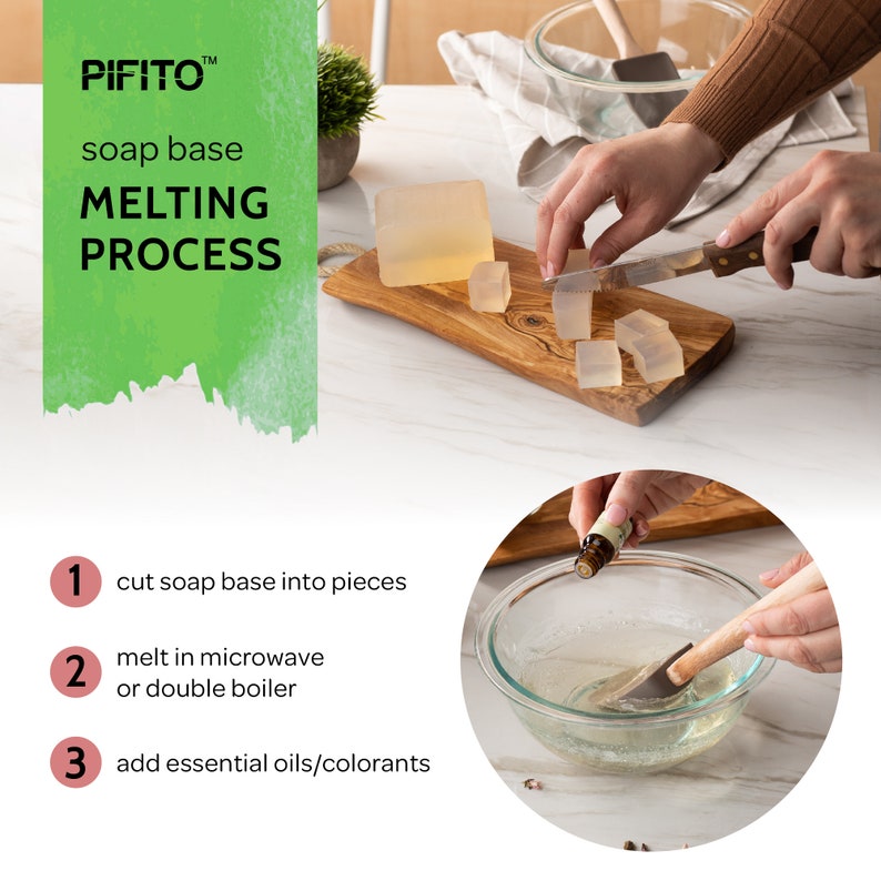 May include: A step-by-step guide on how to melt soap base for crafting. The image shows a clear soap base being cut into pieces, then melted in a glass bowl, and finally, essential oils are added to the melted soap base.