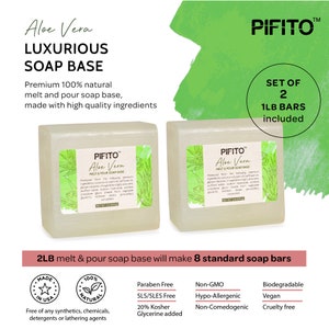 May include: Two white bars of melt and pour soap base with a green aloe vera leaf design. The soap base is labeled "PIFITO Aloe Vera Melt & Pour Soap Base". The product is described as "Premium 100% natural melt and pour soap base, made with high quality ingredients". The text "Set of 2 1LB Bars included" is also visible. The soap base is made in the USA and is paraben free, SLS/SLES free, non-GMO, hypo-allergenic, non-comedogenic, biodegradable, vegan, and cruelty free.