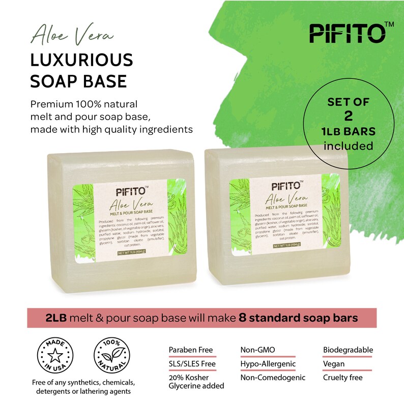 May include: Two white bars of melt and pour soap base with a green aloe vera leaf design. The soap base is labeled "PIFITO Aloe Vera Melt & Pour Soap Base". The product is described as "Premium 100% natural melt and pour soap base, made with high quality ingredients". The text "Set of 2 1LB Bars included" is also visible. The soap base is made in the USA and is paraben free, SLS/SLES free, non-GMO, hypo-allergenic, non-comedogenic, biodegradable, vegan, and cruelty free.