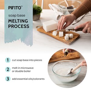 May include: A white soap base is cut into small pieces on a wooden cutting board. The soap base is being melted in a glass bowl with a wooden spoon. The steps for melting soap base are listed: 1. Cut soap base into pieces, 2. Melt in microwave or double boiler, 3. Add essential oils/colorants.