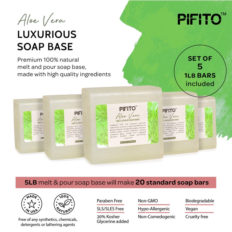 May include: A set of five 1-pound bars of natural aloe vera melt and pour soap base. The soap base is made with high-quality ingredients and is free of parabens, sulfates, and GMOs. It is also vegan, cruelty-free, and kosher. The soap base is packaged in a white box with a green label that says "Pifito Aloe Vera Melt & Pour Soap Base".