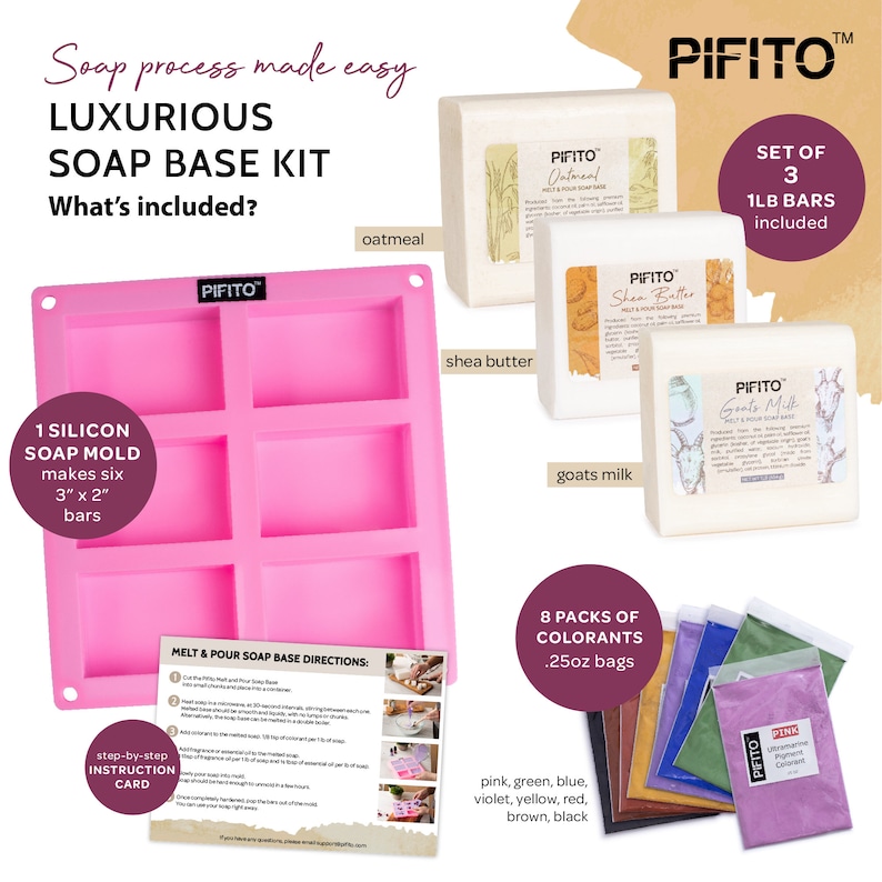May include: A pink silicone soap mold with six rectangular cavities, each 3" x 2", alongside three 1 lb soap bars labeled "Oatmeal", "Shea Butter", and "Goats Milk". Includes 8 colorant packs and an instruction card.