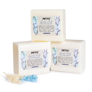 May include: Three white bars of Goats Milk Melt & Pour Soap Base by PIFITO&trade;. The soap base is made with coconut oil, palm oil, sunflower oil, glycerin, goat's milk, purified water, sodium hydroxide, sorbitol, propylene glycol, sorbitan oleate, oat protein, and titanium dioxide.