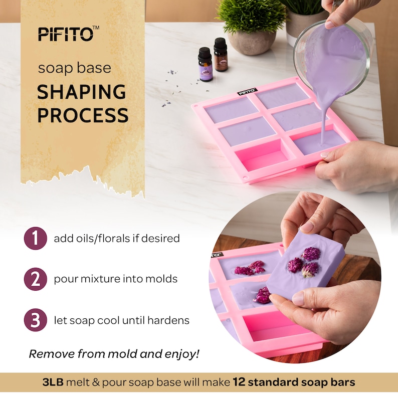 May include: A pink soap mold with eight square cavities is being filled with a lavender-colored liquid. The image shows the soap-making process, including adding oils, pouring the mixture, and removing the finished soap bars. The text reads "PIFITO" and "SHAPING PROCESS".