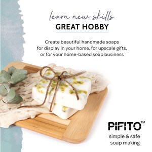May include: Two handmade soap bars with a green and white marbled design, tied with twine, on a wooden cutting board. The soap bars are wrapped in a white cloth. The text "learn new skills GREAT HOBBY" is at the top of the image. The text "PIFITO&trade; simple & safe soap making" is at the bottom of the image.