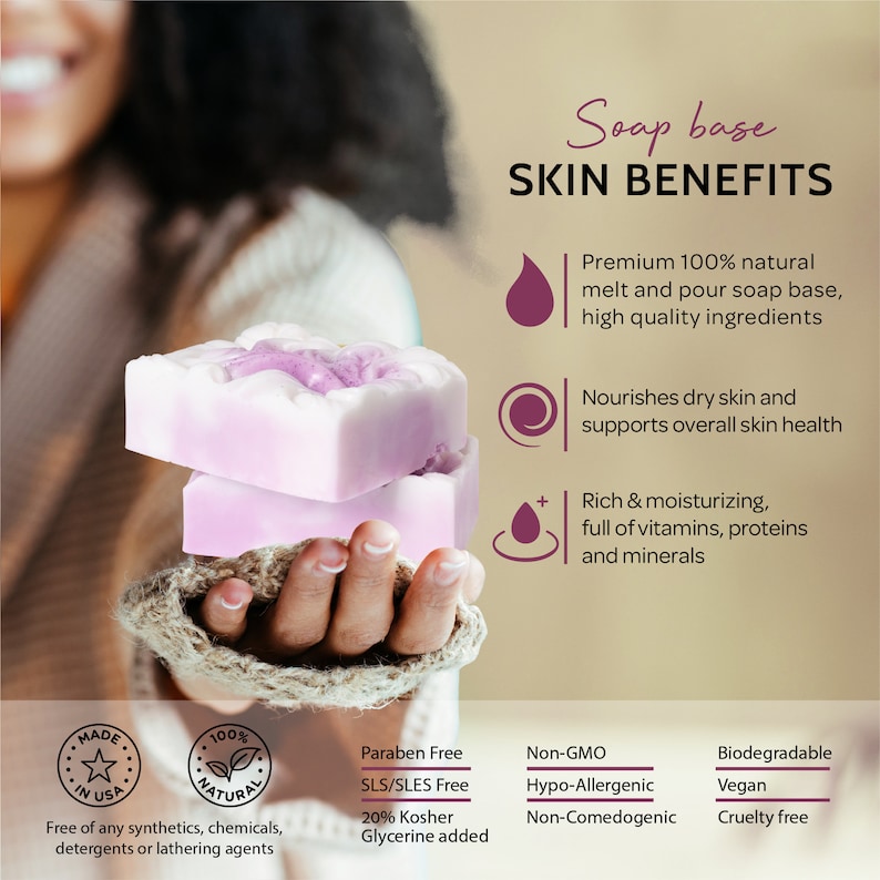 May include: A stack of three lavender-colored soap bars with a floral design, held in a person's hand. The image includes text stating the soap is made with natural ingredients and offers skin benefits.