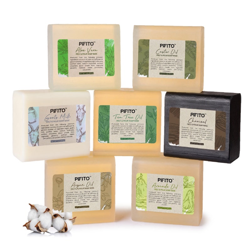 Pifito Melt and Pour Soap Base Sampler 7 lbs Argan Oil, Avocado Oil, Castor Oil, Charcoal, Tea Tree Oil, Goats Milk, Aloe Vera Soap Making image 1