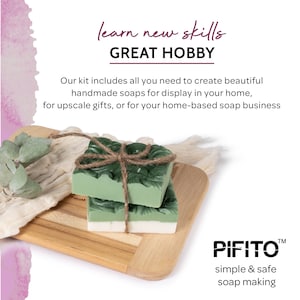 May include: Two handmade soaps with green and white layers, tied with twine, rest on a wooden cutting board. The image includes text that reads "learn new skills, GREAT HOBBY" and "PIFITO simple & safe soap making". The soaps are decorated with a leaf design.