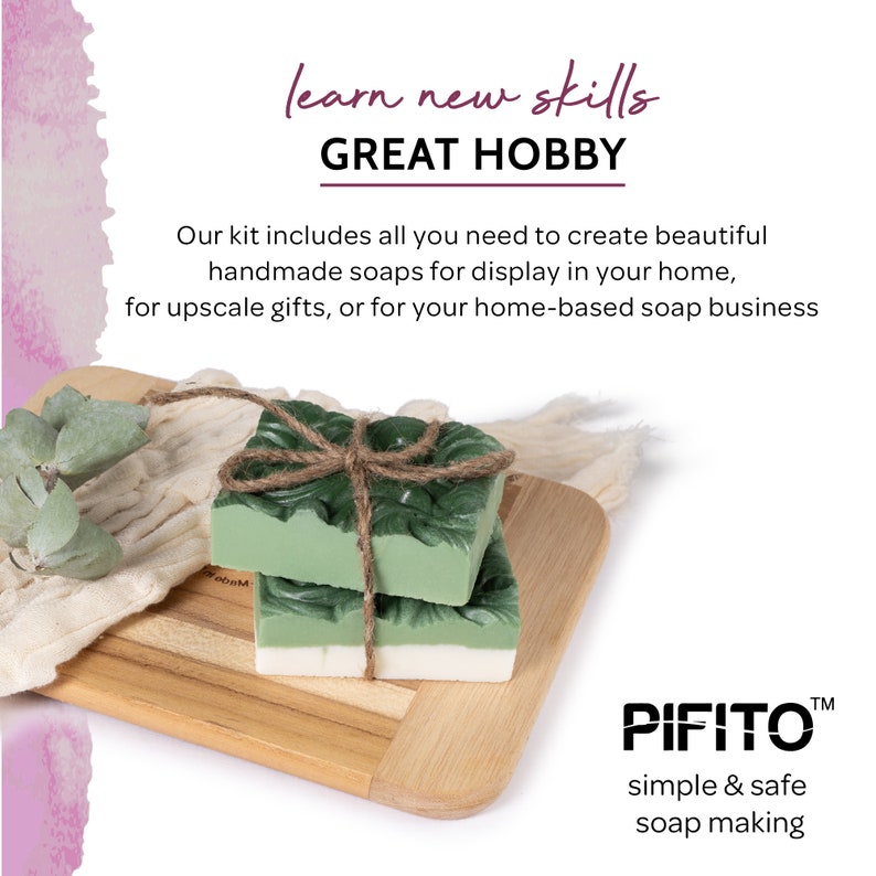 May include: Two handmade soaps with green and white layers, tied with twine, rest on a wooden cutting board. The image includes text that reads "learn new skills, GREAT HOBBY" and "PIFITO simple & safe soap making". The soaps are decorated with a leaf design.