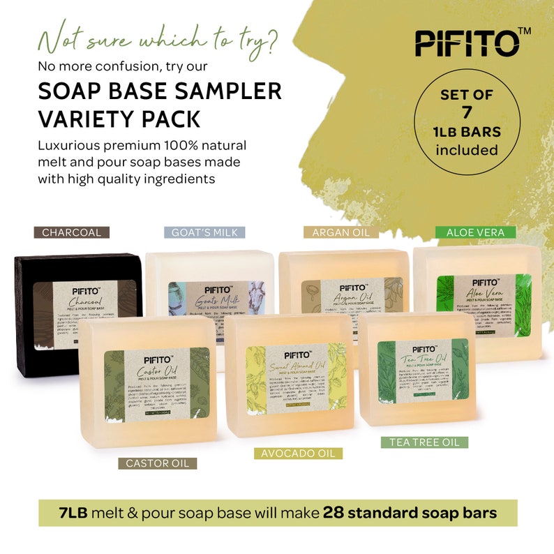 Pifito Melt and Pour Soap Base Sampler 7 lbs Argan Oil, Avocado Oil, Castor Oil, Charcoal, Tea Tree Oil, Goats Milk, Aloe Vera Soap Making Bild 2