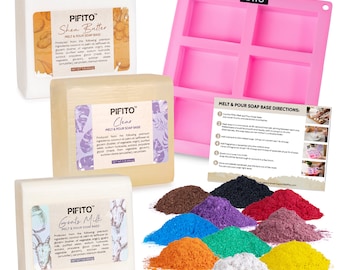 Pifito #5 DIY Soap Making Kit Supplies - 3 lbs Melt & Pour Soap Base (Goats Milk, Shea Butter, Clear), Mica Colorants, Mold and Instructions