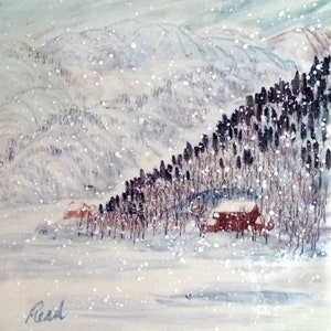 May include: A watercolor painting of a snowy landscape with a red house in the foreground. The house is surrounded by trees and the background is a snowy mountain range. The painting is signed "Reed" in the bottom left corner.