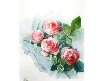 Pink Rose  Watercolor Original Art Garden Roses Painting Flower Artwork Floral Wall Art Ukranian Artist