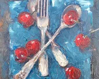 Cherry Painting Food Painting Size 8 by 8 Red Berries Artwork Original Art Fruit Wall Art Cherry Wall Art Kitchen Oil Art