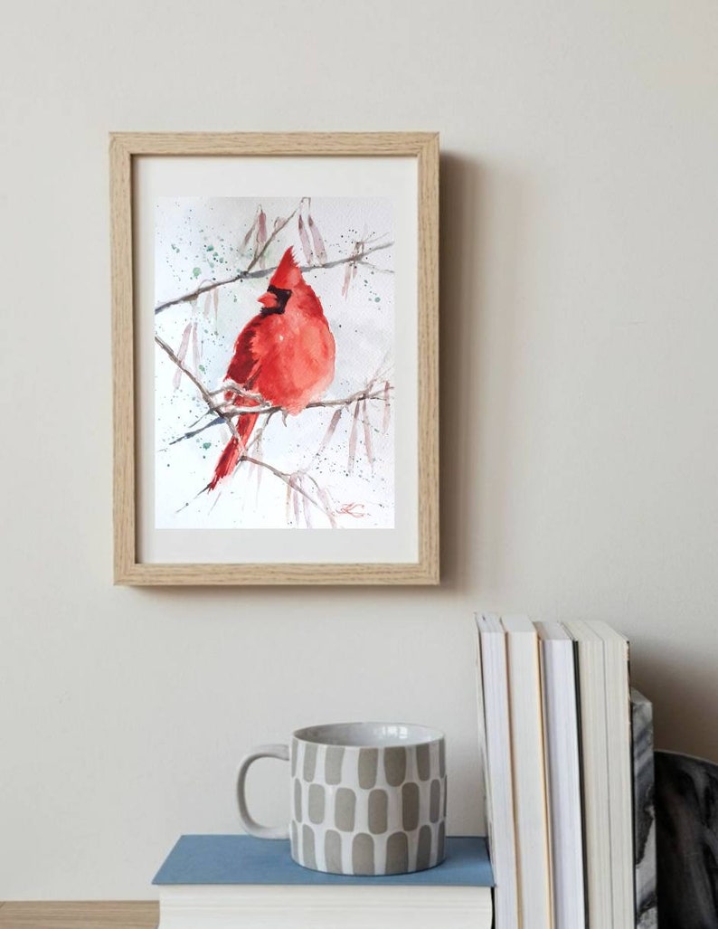 Red Cardinal Bird Watercolor Original Art Cardinal Bird Artwork Bird