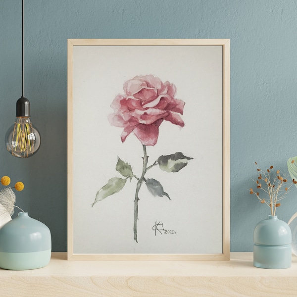 Pink Rose Painting  Original Art July Flowers Art Pink Roses  Watercolor Shabby Rose Painting Pink Rose Artwork Ukrainian Artist