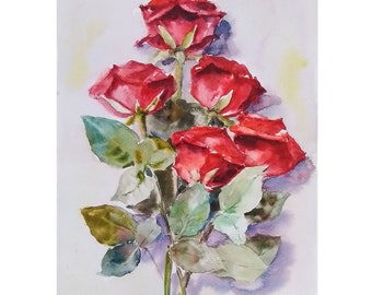 Red Roses Watercolor Painting Original Art Red Roses Wall Art Valentine's Day  Flowers Artwork Floral Painting  Not a Print