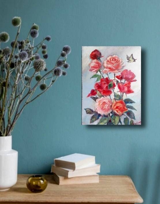 Roses Painting Original Art Red Roses Artwork Butterfly - Etsy