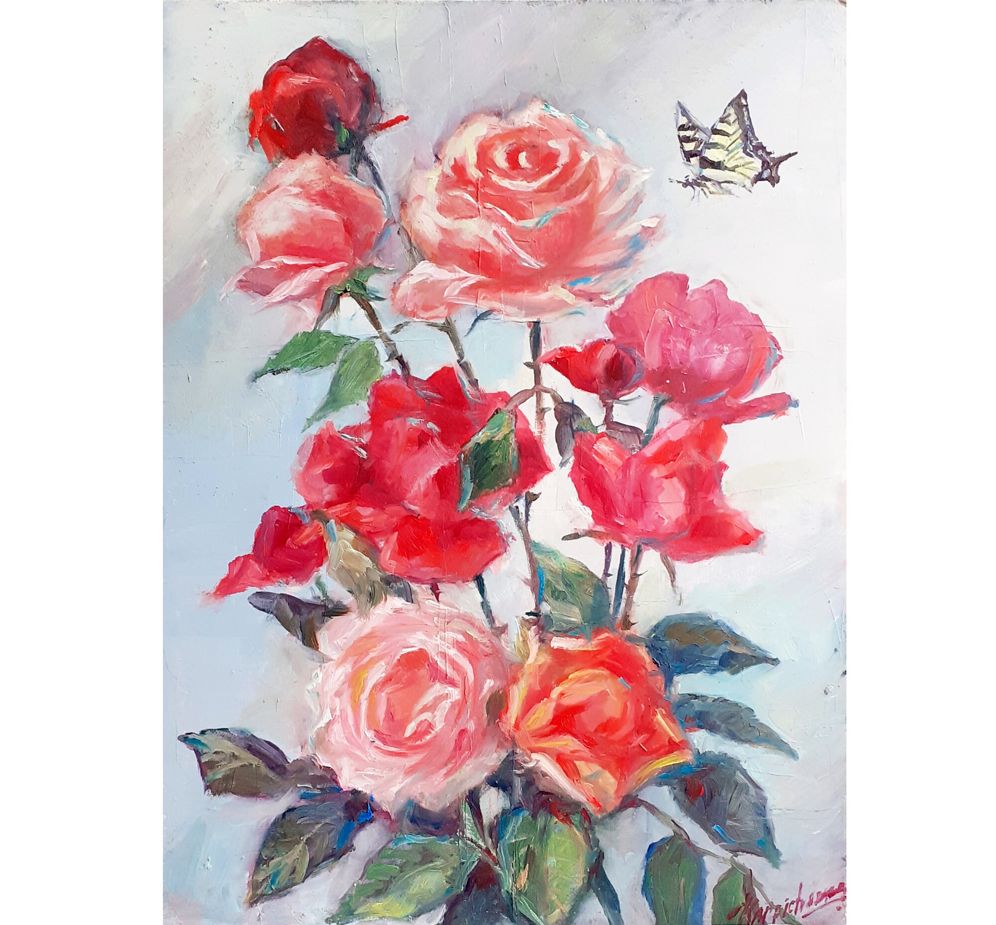 Roses Painting Original Art Red Roses Artwork Butterfly Painting ...