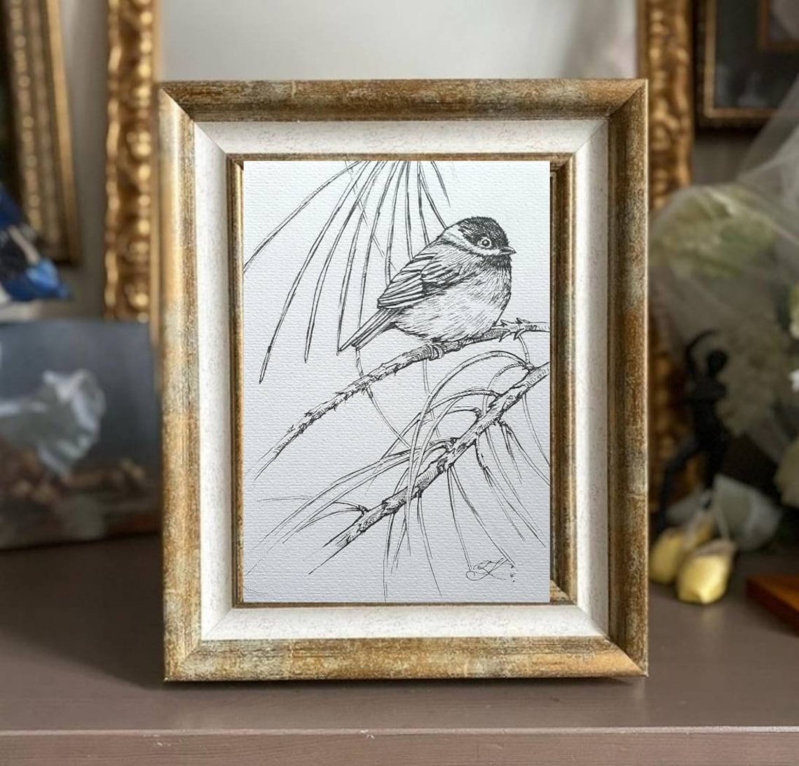Chickadee Sketch Chickadee Ink Drawing Original Art Bird - Etsy